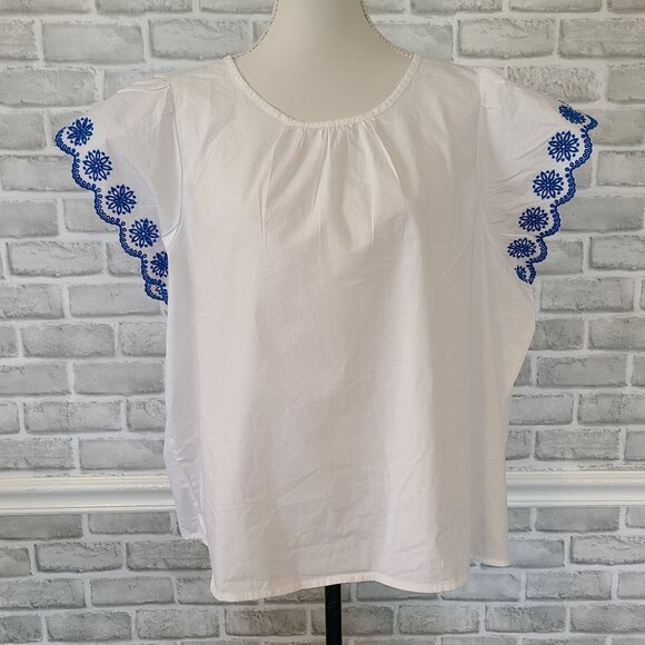 J.Crew Tops - J.Crew White Cotton Peasant Top Embroidered Flutter Sleeves Boho Cottage NEW 2X